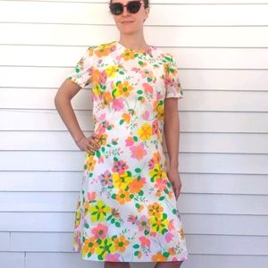 60s Floral Dress White Pink Garden Print Summer S